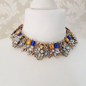 Luxury Statement Necklace with Blue & Pearlescent Rhinestones